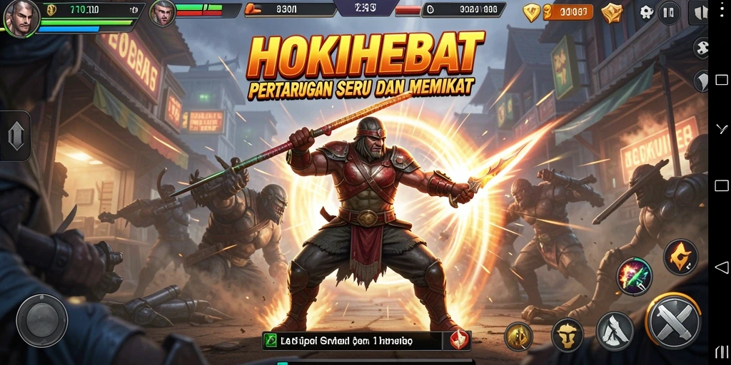 Screenshot HOKIHEBAT menampilkan aksi pertarungan yang memukau.