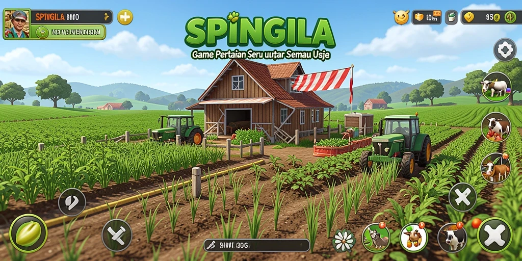 Tampilan gameplay SPINGILA yang menampilkan ladang hijau dan hewan ternak.